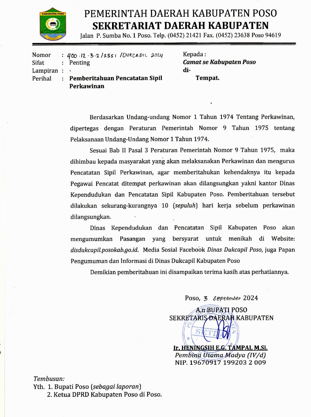 Pemberitahuan Pencatatan Sipil Perkawinan